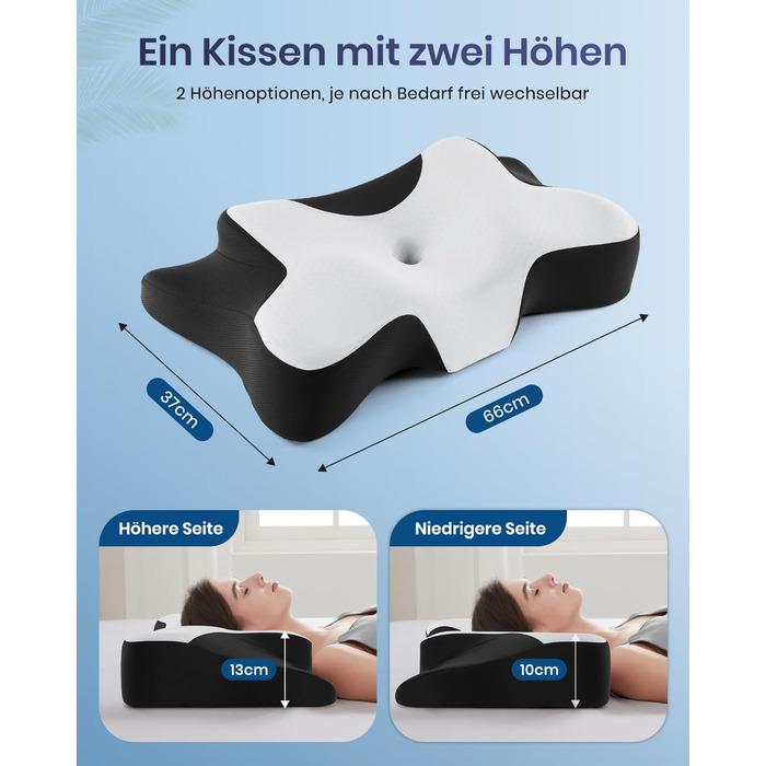 Подушка для шиї DONAMA для сну, ергономічна подушка для тих, хто спить на боці, спині та животі з знімним та пральним чохлом (Чорно-біла, 66x37x13 см)