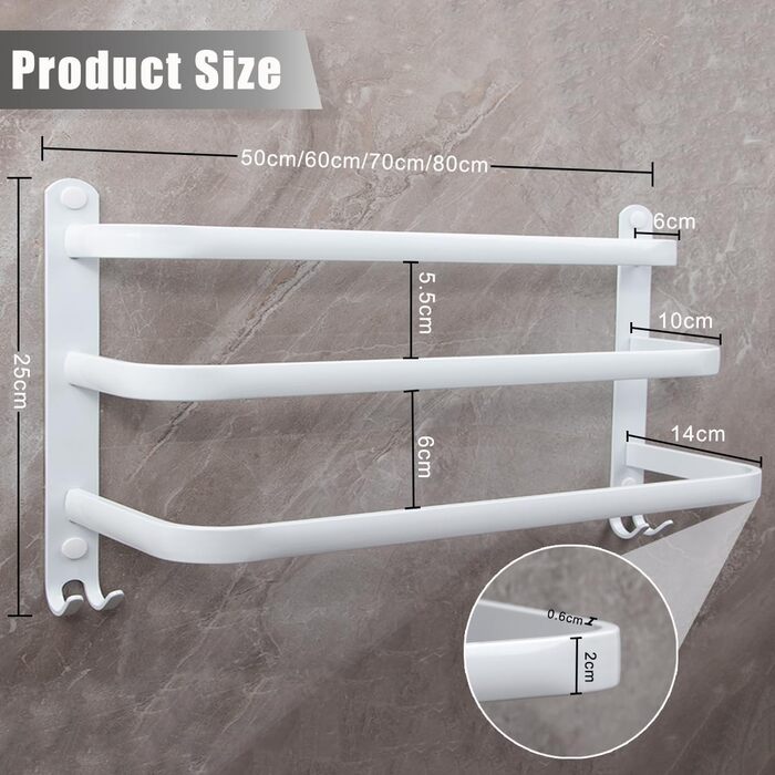 Тримач для рушників на стіну без свердління, 70 см, з гачками, 3 яруси, для ванної кімнати, кухні, туалету