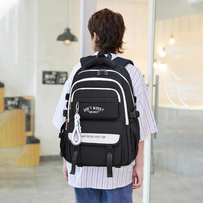 Шкільний рюкзак для підлітків дівчаток та хлопців, рюкзак у школу з багатьма кишенями, водонепроникний шкільний ранець великого розміру з відділенням для ноутбука 15,6' чорного кольору