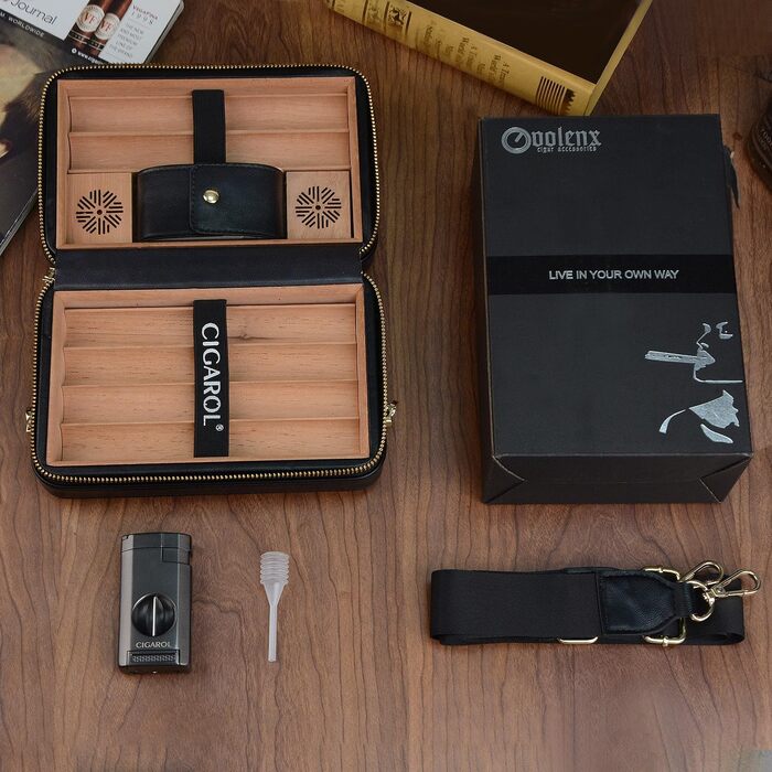 Чохол для сигар, переносний шкіряний гумодор, з запальничкою, вміщує до 6 сигар, чудовий подарунок для чоловіків (без сигар), чорний