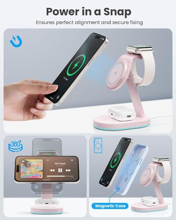Бездротова зарядка 3-в-1 з MagSafe, USB-C, для iPhone 16/15/14/13/12, Apple Watch та AirPods, з нічним світлом (Рожева)