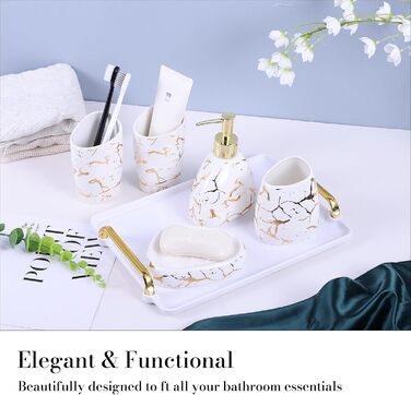 Bathroom Accessories Set, Gold Marble Look, Modern 6-Piece Bathroom Accessories Set, complete with soap dispenser, toothbrush holder, cup, tray, countertop (White Gold)