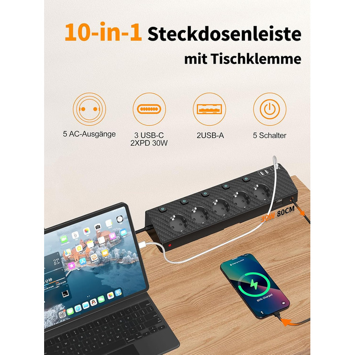 Мережевий адаптер Passus 5-фазний з 2 USB-C (PD 30W), захист від перенапруги, індивідуальне вмикання, 10-в-1, кабель 2м, чорний
