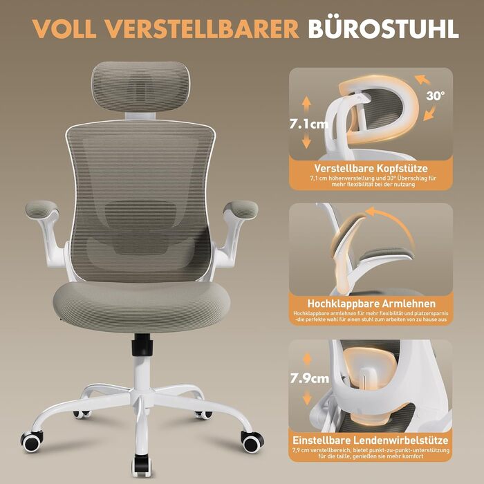 Офісне крісло Colamy Ergonomic з регульованою підголівником та поперековою підтримкою, Khaki