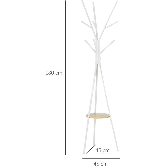 HOMCOM Coat Rack, Clothes Rack with 8 Hooks, Coat Stand with Shelf, Freestanding Coat Rack for Clothes, Hats, Bags, Metal, 45 x 45 x 180 cm (White)