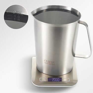 CURTA stainless steel measuring cup, 2L measuring cup, stainless steel milk frothing pitcher with markings, types of markings including ml, oz, and cup…