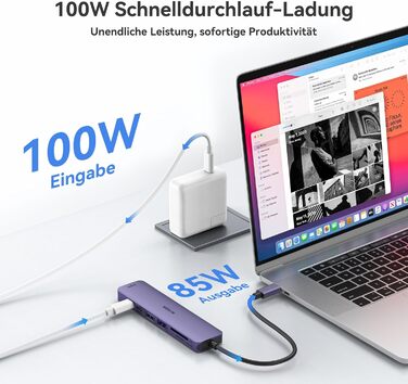 MOKiN USB-C хаб 6-в-1 з HDMI 4K, 2xUSB 3.0, USB 2.0, SD/MicroSD, для MacBook, XPS та інших пристроїв (фіолетовий)