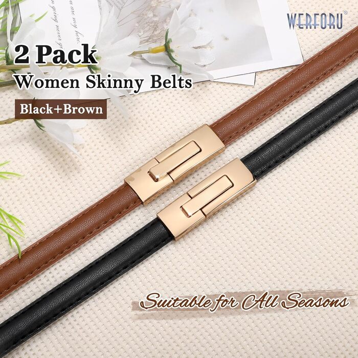 Жіночий шкіряний ремінь WERFORU - тонкий, регульований, з декоративною золотистою пряжкою, чорний+коричневий, довжина 105 см, розмір талії до 93 см