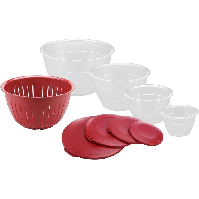 Westmark Bowl Set, 4 bowls including lids and colander, 9-piece set, capacity: 0.6/1.3/2.5/4.4 liters, plastic, BPA-free, Olympia, color: Transparent/Red, 2420226R