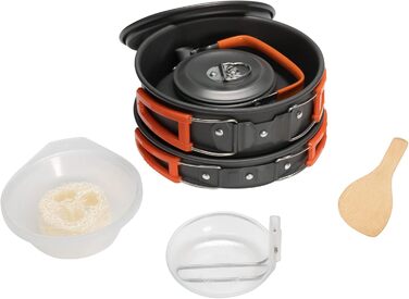 Набір кухонного посуду Grafner Premium Camping 11-ти частинний: стабільний алюміній з антипригарним покриттям, компактний, з розкладними ручками. Ідеально для кемпінгу, пікніків та подорожей на авто. Включає котел, сковорідку, чайник та інше.