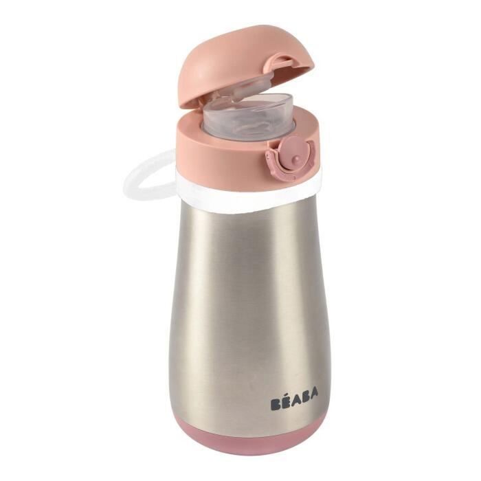 BÉABA, 2-in-1 Stainless Steel Kids' Drinking Bottle, Bottle/Glass Functionality, Push-Button for Easy Opening, Stable, Healthy, Detachable Handles, Stainless Steel Cold/Warm Insulation Function, 350ml, Old Pink