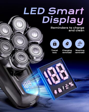 Електрична бритва для гоління голови Glatzen Herren 7D, водонепроникна IPX7, з тримером для бороди та носа, LED-дисплей