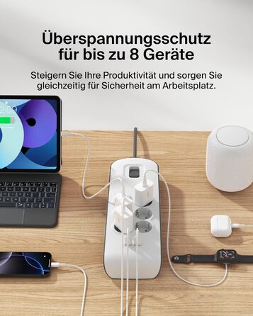 Мережевий фільтр Belkin з USB, 8 розеток, 2.4A, 2м кабель, для дому та офісу