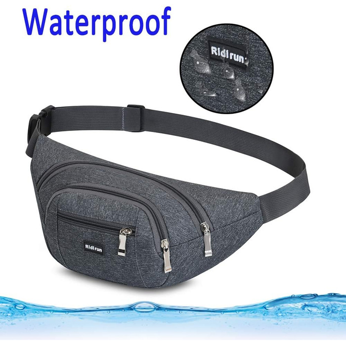 Водонепроникна поясна сумка на пояс для жінок та чоловіків, 3 кишені на блискавці, для піших прогулянок, відпочинку на природі, спорту, подорожей, гаманець (Сірий)