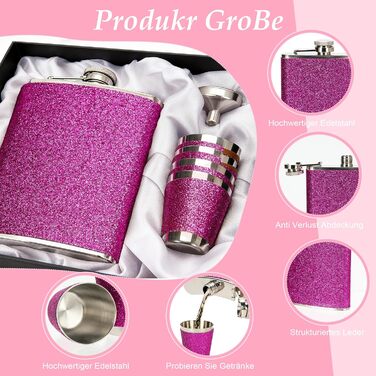 Персоналізований набір фляг 8oz з гравіюванням – фляга з нержавіючої сталі, 4 склянки, воронка та подарункова коробка для дружків, подарунок на весілля для чоловіків та жінок (Рожевий)