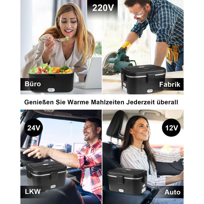 AUTOPkio Electric Lunch Box 1.8L 80W, 12V 24V 220V Large Heated Food Warmer with Bag, Stainless Steel Fork, Spoon for Car, Truck, Office (Black)