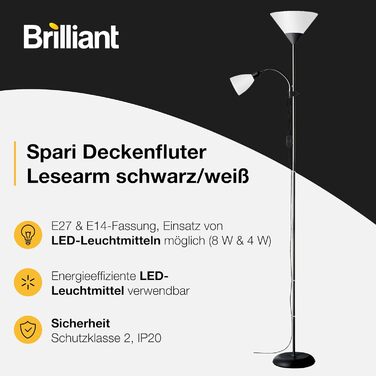 Стеля-прожектор Brilliant Spari з лампою для читання, чорний/білий – LED торшер – 1,8 м – сумісний з LED лампами (патрон E27 та E14) – регульована лампа для читання, чорний/білий. Без LED лампи.