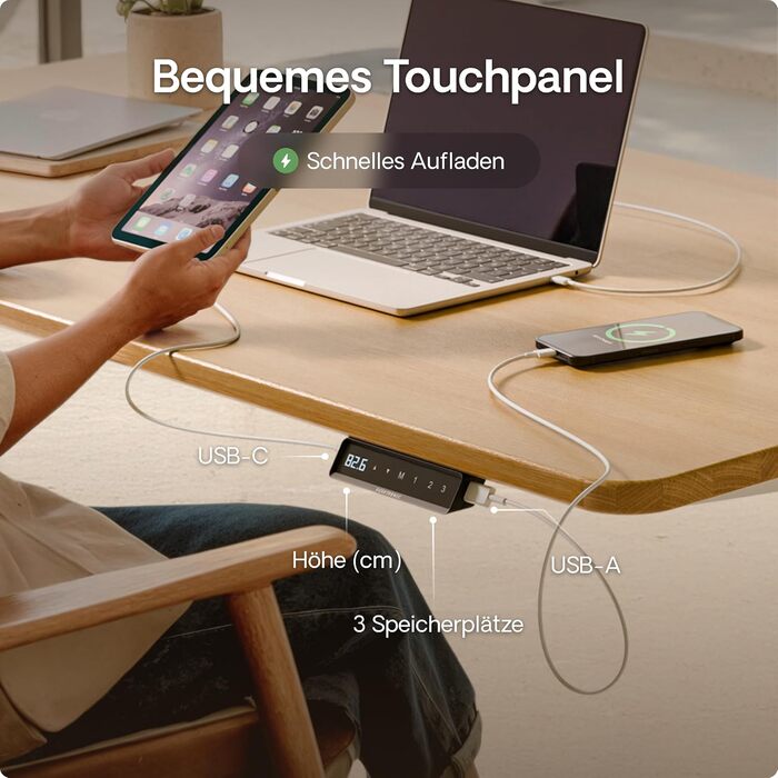 Електричний регульований стіл Desktronic HomePro 160x80 см – з двома моторами, сенсорним керуванням та USB-портами (білий + масив дуб)