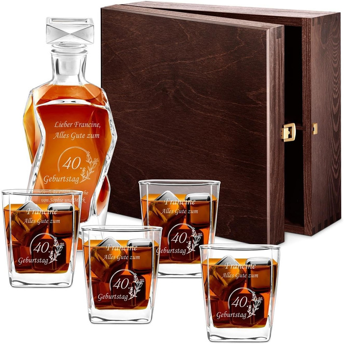 Maverton Whiskey Decanter + Set of 4/6 Whiskey Glasses with Engraving - 700ml Whiskey Decanter - Perfect for Christmas - Birthday Gift for Men - Congratulations