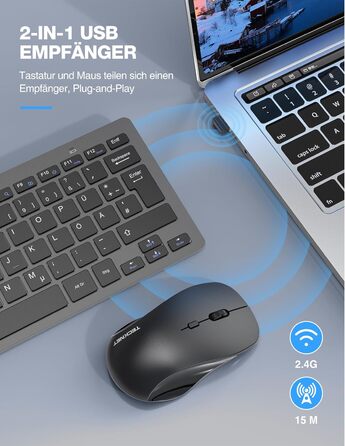 TECKNET Бездротовий Набір Клавіатури та Миші, QWERTZ, 2.4 GHz, 15м, Безшумна Клавіатура та Миша для ПК, Ноутбука, Smart TV, Білий (Сірий)