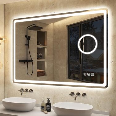 Дзеркало для ванної кімнати S'bagno з підсвічуванням 100x70 см, LED, з пам'яттю, антизапар, 3 колірні температури, регулювання яскравості, HD скло, IP44, горизонтальне/вертикальне (з 5-кратною лупою та Bluetooth)