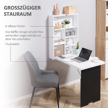 HOMCOM Wall Table Folding Desk with 5 Compartments, White and Black Board, 60x94.5x147cm, Space-Saving for Home Office