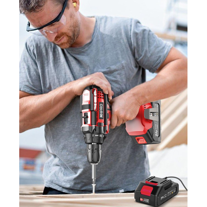 Акумуляторний шуруповерт 21V з набором 2 акумуляторів та 14 аксесуарів, кейс, 42Nm, 18+1 режимів, 10мм патрон, для дому