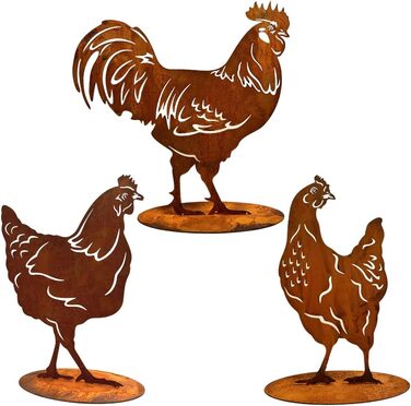 Stahldesign Edelrost Chicken Set, Life-Size for Display, Handmade in Germany. Wonderful garden decoration made of rust-colored metal, rust-look decor, rust figures animals, rust figures garden, rust decor.
