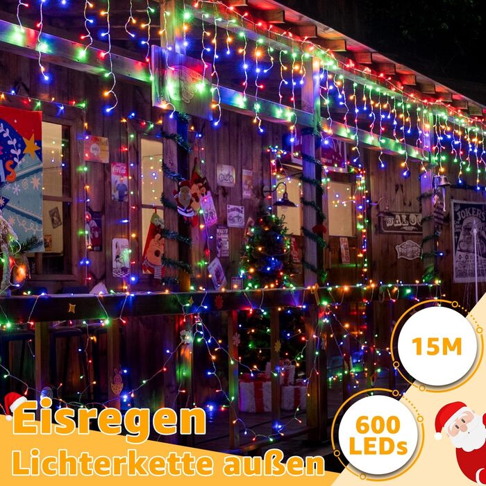 Ланцюжок прикрас з LED-підсвічуванням Ollny Eisregen, 15м, 600 LED, для зовнішнього використання, з пульт дистанційного керування, вологостійкий, 8 режимів, тепле біле світло, для балкона, даху, вікна, дому, огорожі (кольоровий)