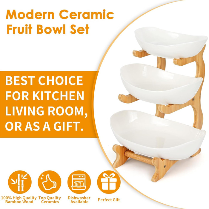 Керамічна етажерка для фруктів Diealles з 3 ярусами, бамбуковий підставник, для сім'ї, стабільна, сумісна з овочами та снеками