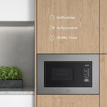 Мікрохвильова піч Klarstein Verosteel вбудована 60 см з грилем – 20L, 700W, 8 програм, сенсорне керування, нержавіюча сталь, функція розморожування, LED-підсвічування