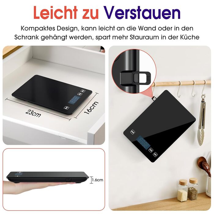 Кухонні ваги цифрові 15 кг, перезаряджувані, з LCD-дисплеєм та функцією тарування, водонепроникні, преміум-якість, чорний колір