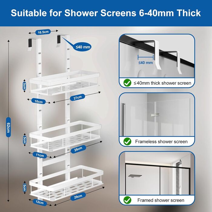 Підставка для душу на кріплення, полиця для душу без свердління для ванної кімнати, органайзер з 2 кошиками, тримач для шампуню (білий, White - 3 рівні)