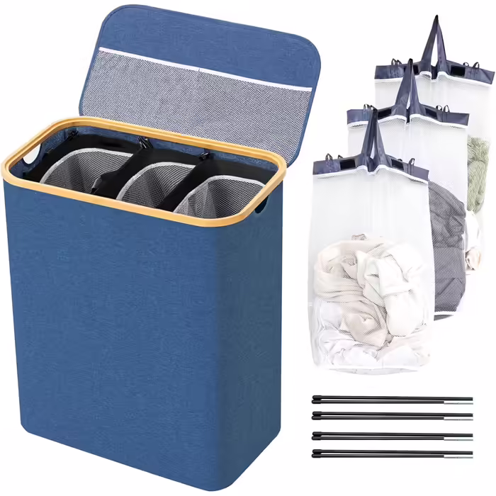BRIAN & DANY Laundry Basket 3 Compartments with Lid, Laundry Collector, Laundry Sorting System, Removable, Water-Repellent, Foldable Laundry Box, Narrow Laundry Basket 145L for the Family XXL Blue
