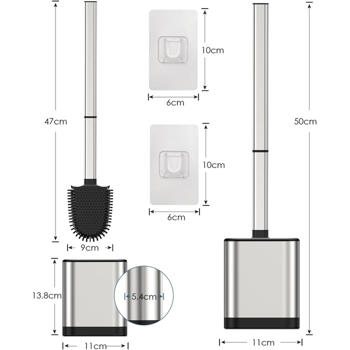 Силіконова щітка для унітазу Klobürste з нержавіючої сталі та контейнером, гнучка щітка для унітазу, настінний монтаж без свердління, срібна