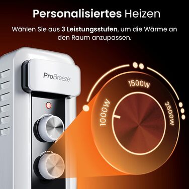 Pro Breeze 2500W Oil Radiator with 11 Heating Ribs, Electric Heater, 24h Timer, Energy-Saving Oil Radiator, 3 Heating Levels, Adjustable Thermostat & Safety Shut-Off Function White