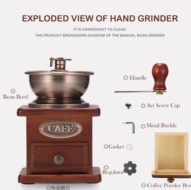 Manual Coffee Grinder Adjustable Coarseness Coffee Grinder Burr Grinder Coffee Bean Grinder Vintage Wooden Hand Grinder Handheld Coffee Grinder for Home Kitchen Office Camping Travel