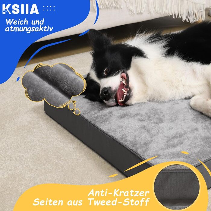 KSIIA Orthopedic Dog Bed for Large Dogs, XL Washable Dog Cushion Fluffy Dog Mat Dog Mattress with Removable Cover in Dark Grey 105x70x8cm