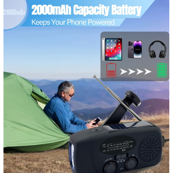 Сонячне радіо з ручним заводом 2000 mAh, AM/FM/NOAA, USB-зарядка, зарядний пристрій для телефону, SOS-сигнал, LED-ліхтарик для кемпінгу та походів (чорний)