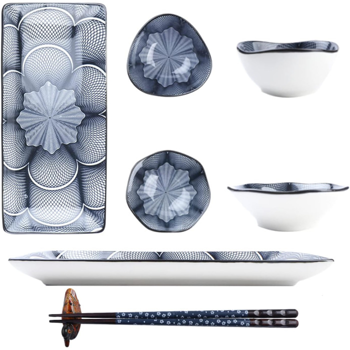 Набір для суші Artcome (10 шт) з кераміки в японському стилі - 2 тарілки, 2 соусники, 2 миски для закусок, 2 пари паличок, 2 підставки, темно-синій
