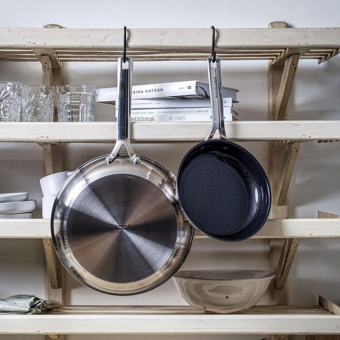 Сковорідки KitchenAid з нержавіючої сталі 20см і 28см, 3-шарове антипригарне покриття, для індукції, духовки та посудомийної машини, з холодною ручкою, сріблясті