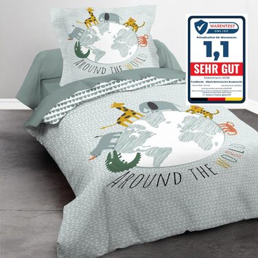 Комплект постільної білизни для ліжечка Kinderbettwäsche: 2-Piece Set з тваринами та глобусом - ковдра 135x200 + подушка 80x80 см, закривається на блискавку. Підходить для хлопчиків та дівчаток. 100% бавовна, ренфорсе, приємна до шкіри, сертифікат Oeko-Te
