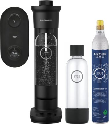 GROHE Blue Fizz Набір для газованої води (3 рівні газування, без CO2 балона, 1x 0,85л пляшка + засіб для чищення), 31943K00 (2x 0,85л пляшка | 1x CO2, з CO2 індикатором, Чорний)