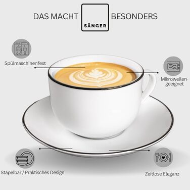 Sänger | 12-Piece Marlo Black Rim Tea/Coffee Set with Saucers, Coffee Cups for 6 People, Porcelain Coffee Set, Coffee Cup with Saucer, White with Black Accents, 200 ml | PREMIUM COLLECTION