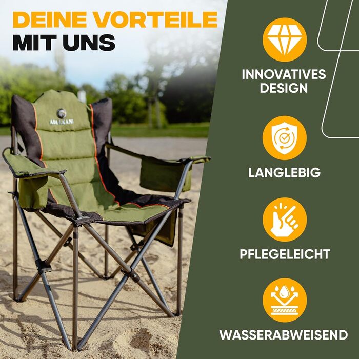 Складний туристичний стілець ADELKAMP з товстим м'яким сидінням, висока вантажопідйомність 150 кг, з сумкою-холодильником та тримачем для напоїв – переможець тесту 2024, преміум-якість, оливковий колір