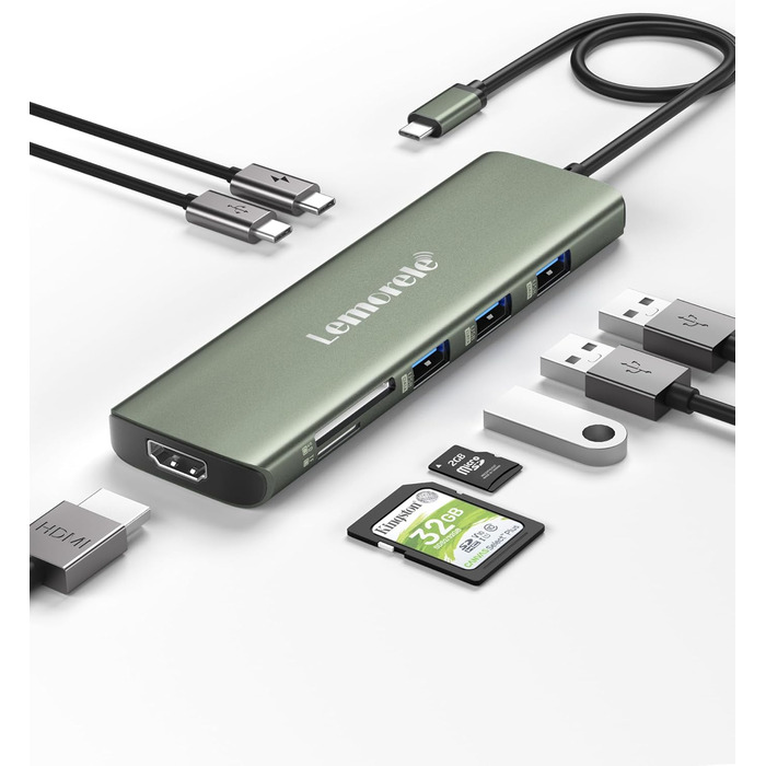 Док-станція Lemorele 2025 Upgrade: USB-C/A, 10Gbps, 3 монітори, 14 в 1, HDMI 4K, Ethernet, USB 3.2/2.0, VGA, Type-C 3.1, PD 100W, SD/TF, для Windows, MacBook (зелена)