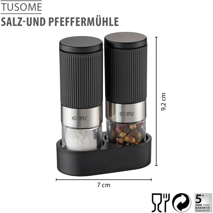 Набір мельниць для солі та перцю GEFU TUSOME, 2 шт. – міні мельниці з регульованим керамічним механізмом та кришками для аромату. Включає набір для сервірування столу |