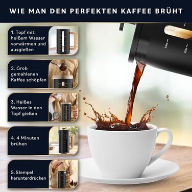 Френч-прес для кави Home Hero – 963.9 г, з бамбуковим руків'ям, скло Borosilikat, нержавіюча сталь, 4-шаровий фільтр, чорний