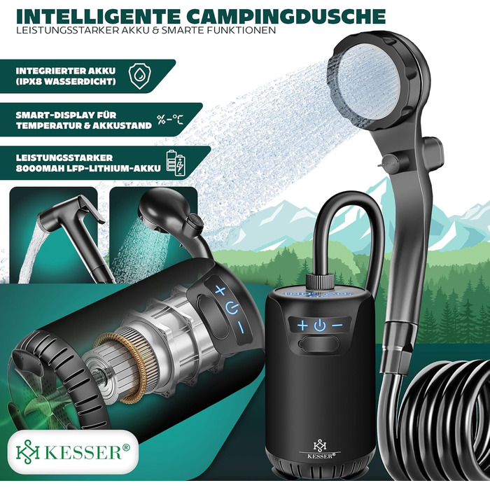 Соняшний душ KESSER® з насосом та акумулятором 8000mAh. Комплект для кемпінгу: 20л бак, регульована насадка, 2м шланг, пістолет-пульверизатор та кріплення.