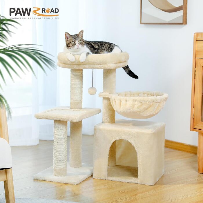 PAWZ Road Дерев'яний кігтеточки для котів, кігтеточка-вежа 73см з гамаком, кігтеточки з сизалю, інтерактивна іграшка-м'ячик, бежевий колір
